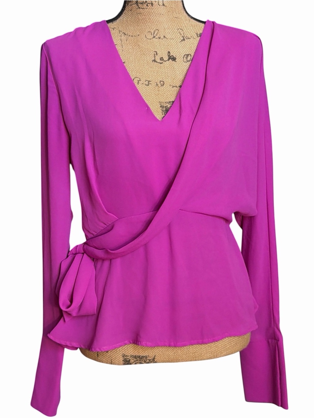 Athlein Women’s Fuchsia Faux Wrap Blouse - Elegant Long-Sleeve Top. EC Size 4